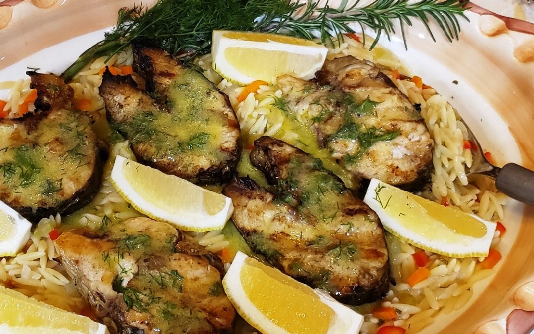 Grilled Rockfish with lemon and mustard Orzo