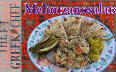 Melintzanosalata, eggplant salad with pita bread and zaatar
