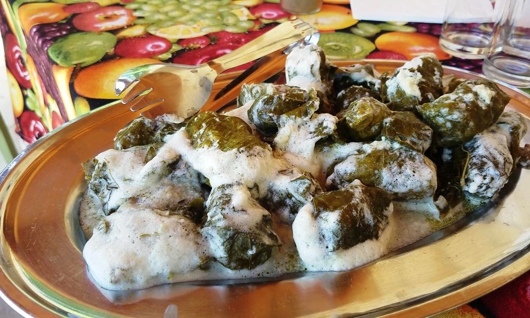 Dolmadakia with vine leaves stuffed with meat and rice